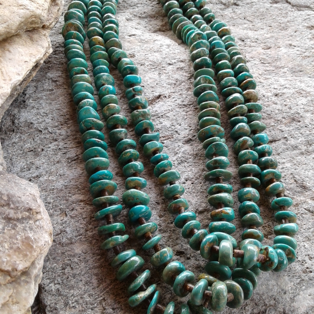 Sterling SilverGenuine TURQUOISE 3 STRAND NECKLACE - Picture 4 of 7